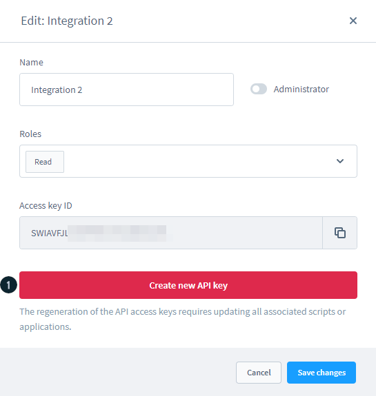 Shopware Admin: Edit integration screen with regenerate API access key