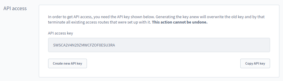 Shopware Admin: Sales channel API access section with API access key and copy button